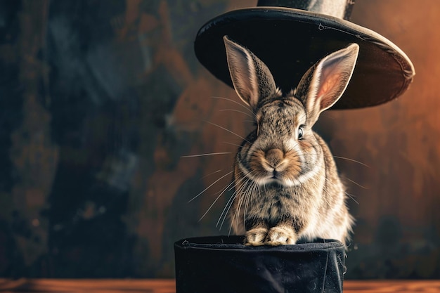 magicians show rabbit and hat over grey background