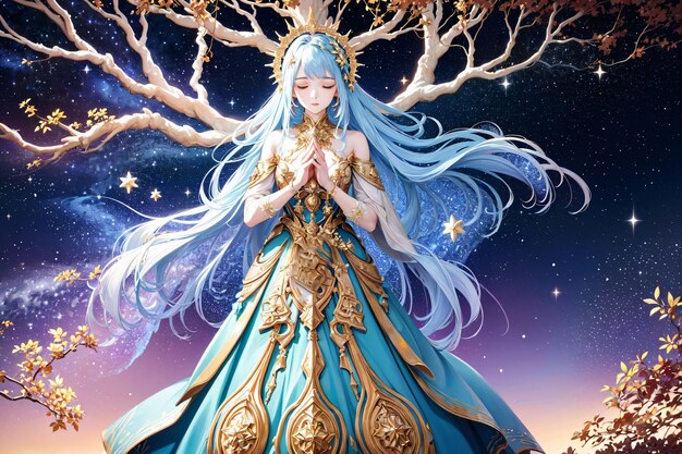 Magicl meisje met magische boom en sterrenruimte op de achtergrond