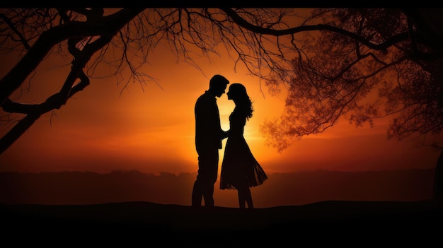 magie van de liefde met een boeiend silhouet beeld van een vrolijk stel dat elkaar vasthoudt tegen de achtergrond van een prachtige zonsondergang