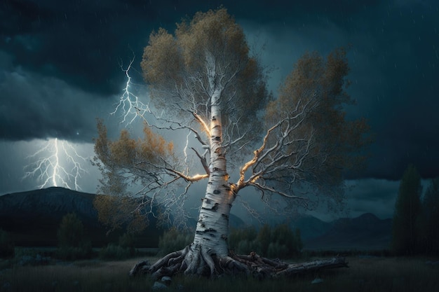 Maginficent Large Birch Tree Lightning Dark Clouds Sky door Generative AI