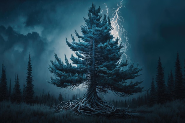 Maginficent Large Blue Spruce Tree Lightning Dark Clouds Sky by Generative AI