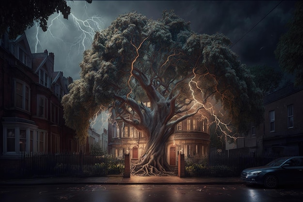 Maginficent Large London Plane Tree Lightning Dark Clouds Sky by Generative AI