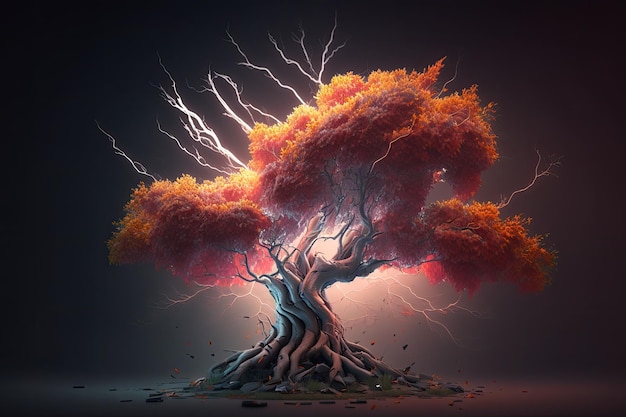 Maginficent Large Maple Tree Lightning Dark Clouds Sky by Generative AI