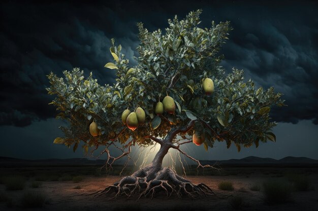 Maginficent Large Pear Tree Lightning Dark Clouds Sky by Generative AI