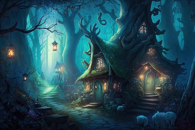 Magisch bos met elfendorp waar feeën en andere magische wezens leven
