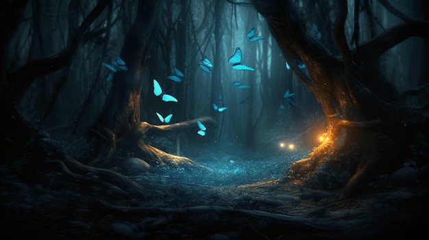 Magisch bos 's nachts en lichtstralen die blauwe vlinders en gevallen stam verlichten