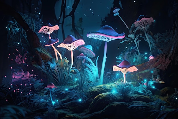 Magisch bos 's nachts Lichtgevende schimmels en gloeiende bloemen Generatieve AI