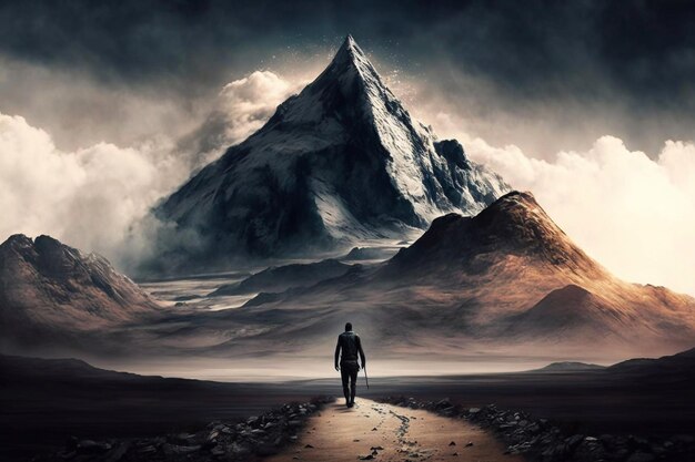 Magisch fantasieavontuur Composiet van een man die op de top van een rotsachtige bergtop wandelt Generatieve AI
