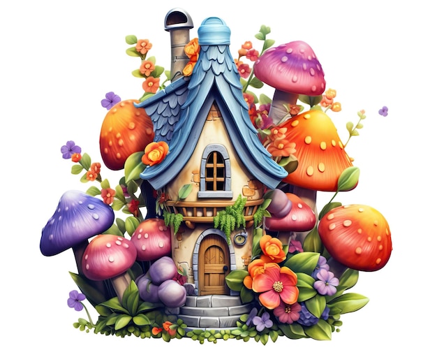 Magisch huis en fantastische bloemen en paddenstoelen op een witte achtergrond Selectieve zachte focus