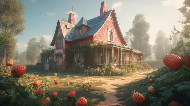 Magisch huis met aardbeien Illustratie AI GenerativexA