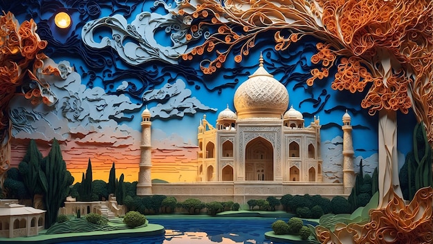 Magisch landschap van Taj Mahal met filigraan papier quilling art design wallpaper gegenereerd door AI