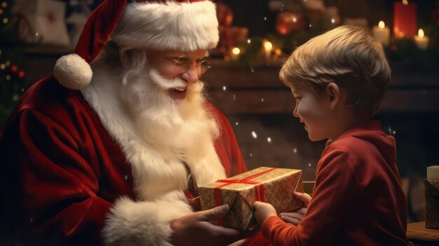 Magisch moment: de kerstman geeft geschenken aan gelukkige kinderen