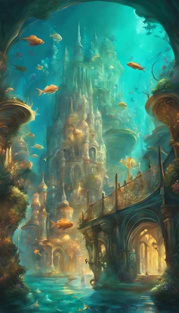 Magisch onderwater stadsfantasiebehang