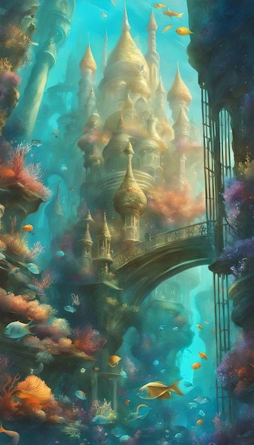 Magisch onderwater stadsfantasiebehang