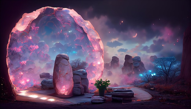 Magisch portaal in een rots of buitenaardse planeet met rondvliegende stenen op grijze roze rokerige achtergrond 3d illustratie