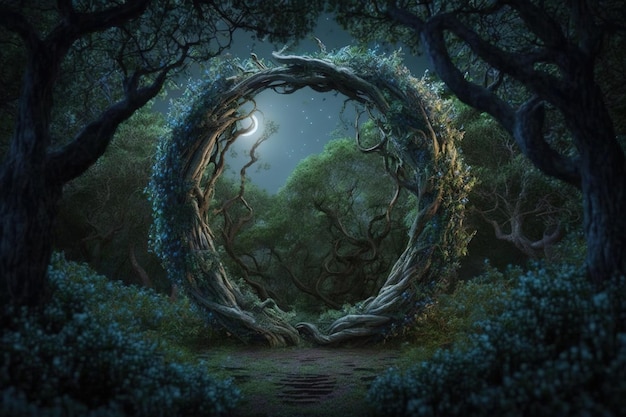 Magisch portaal met een boog van boomtakken in het bos