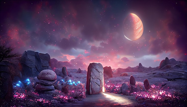 Magisch portaal op buitenaardse planeet ruimte landschap fantasie scène met stenen stenen deuropening met plasma gloed in roze waas 3d illustratie