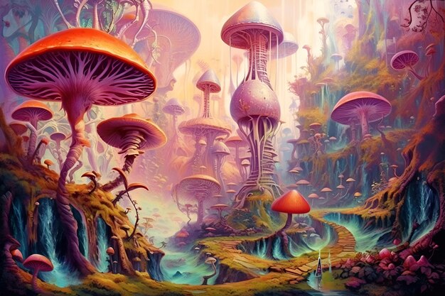 Magisch roze sprookjesbos 's nachts met gloeiende lichten en paddenstoelen Illustratie Genatieve AI