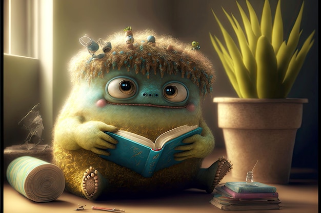 Magisch schattig monster leest boeken en wacht op zomerse generatieve ai