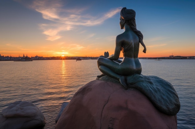 Magisch standbeeld van de kleine zeemeermin in Kopenhagen Betovering door de zee generatieve IA