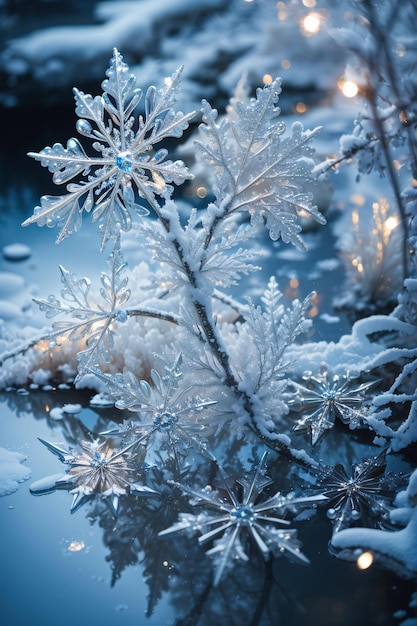 Magisch wintermeer in het midden van het alpenbos bedekt met sneeuwvlokken en ijs