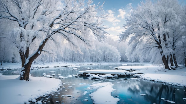 Magisch wintermeer in het midden van het alpenbos bedekt met sneeuwvlokken en ijs