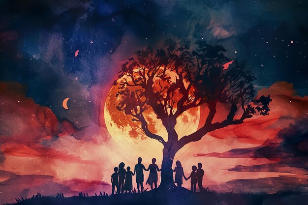 magische aquarel illustratie van een groep mensen die handen vasthouden rond een boom