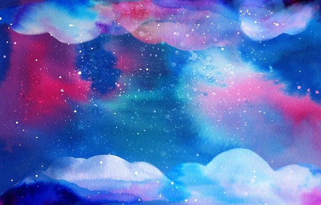 Foto magische aquarel ruimte textuur met sterren en fantasie wolken mix van diepblauwe groenblauw en paarse kleuren universum achtergrond met penseelstreken en sierletters