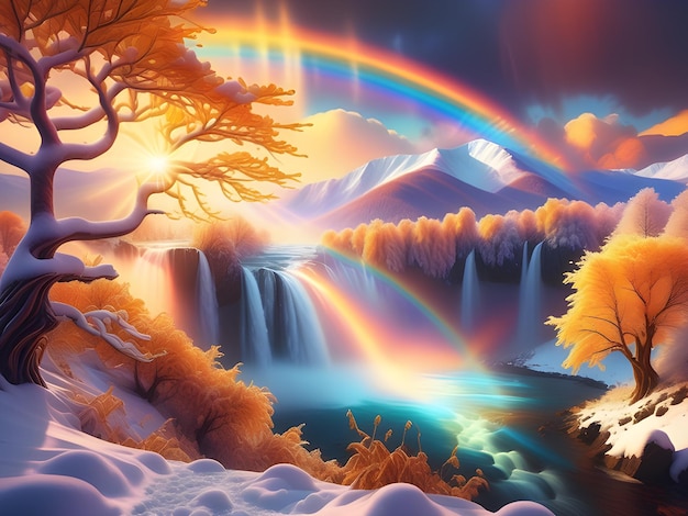 Magische boom bedekt met sneeuw en regenboog boven een waterval