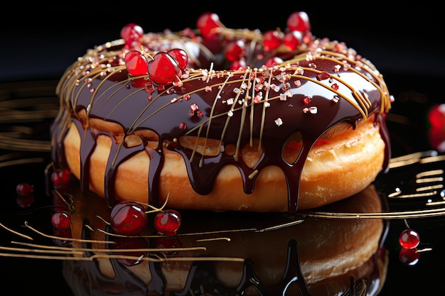 Magische donut bedekt met suikerchocolade en jam verpakt in de geur van koffie generatieve IA