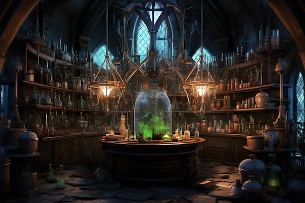 Magische drankjes brouwen in het laboratorium van een tovenaar