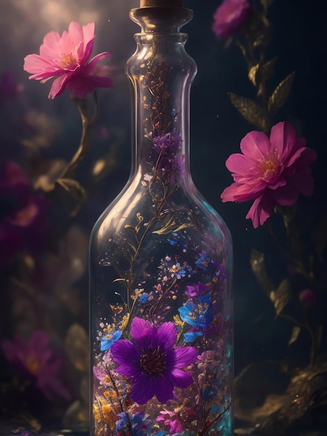 magische en kleurrijke bloem in de glazen fles