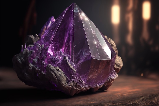 Magische fantasie kristal amethist mystieke gloed van binnenuit Natuurlijke paarse kristalsteen in de bosgrot een edelsteen 3d illustratie