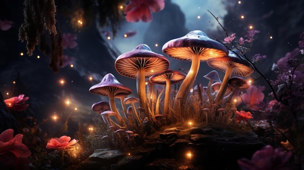 Magische fantasiepaddestoelen in betoverd sprookjesachtig dromerig elfenbos met fantastische sprookjesachtige bloei
