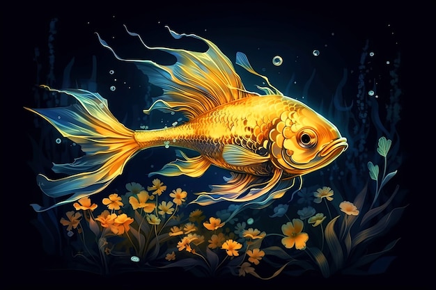 Magische goudvis geïsoleerd op donkere zee blauwe achtergrond Generatieve AI illustratie
