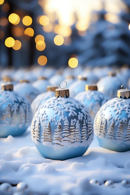 Magische kerstblauw-witte compositie met sneeuw en nieuwjaarsballen Verticale winterkaart