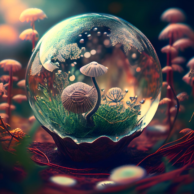 Magische kristallen bol met paddestoelen in het bos 3d illustratie