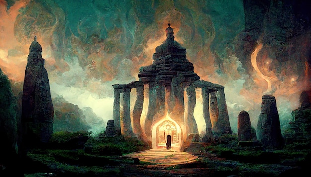 Magische lichte tempel op een donkere fantasie achtergrond concept kunst illustratie