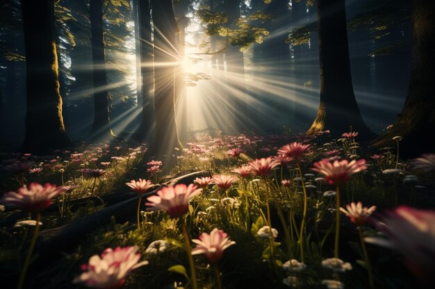 Foto magische luifel zonnestralen breken door en werpen licht op bloeiende wilde bloemen