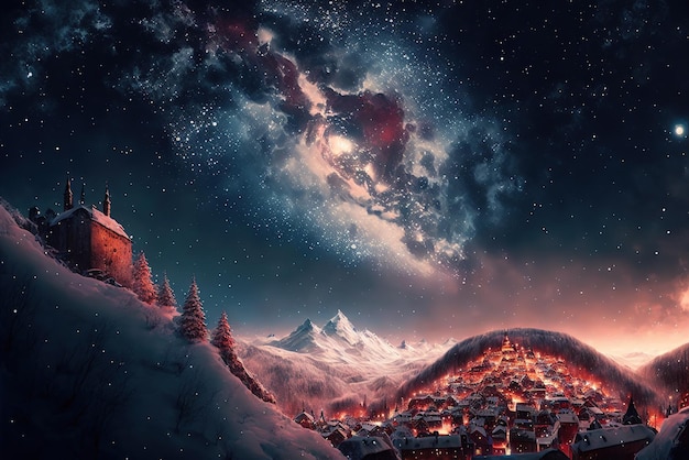 Magische mystieke stad bedekt met sneeuw