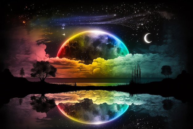 Magische nachtachtergrond met volle maan als mooie regenboog bij sprookjesachtige sterrenkunde
