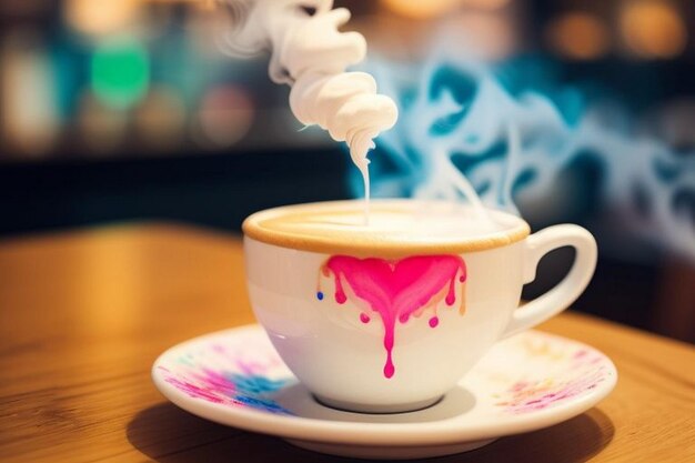 magische neon waterverf latte kunst ingewikkeld ontwerp stoom stijgende uit de beker