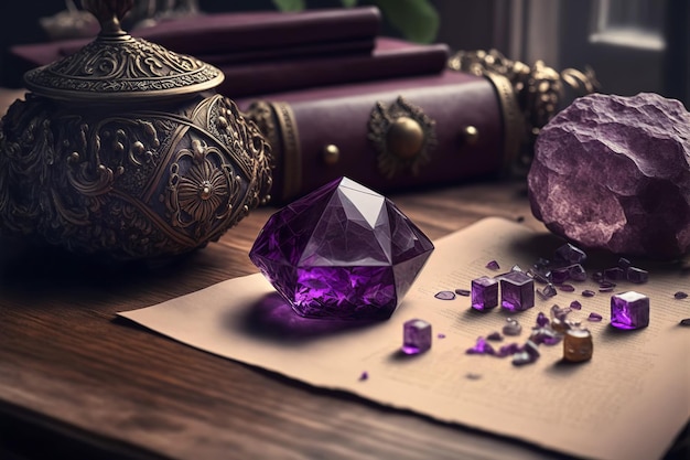 Magische paarse edelstenen voor esoterische spirituele oefening Healing Crystal Ritual Witchcraft toekomstvoorspellingen Generatieve AI-illustratie