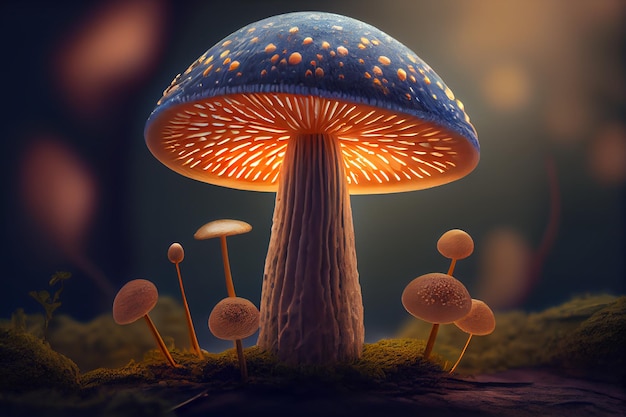 Magische paddenstoel in de boszonnestraal Generatieve AI