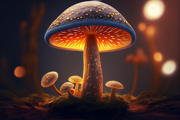 Magische paddenstoel in de boszonnestraal Generatieve AI
