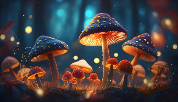Magische paddenstoelen in een donker mysterieus bos