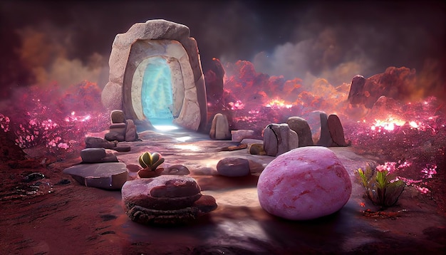 Magische portaal op buitenaardse planeet ruimte landschap nacht fantasie scène met rotsen stenen deuropening met plasma gloed en bollen in donkere sterrenhemel met roze waas op horizon 3d illustratie