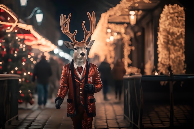 Foto magische rendier kerstman gekleed in een pak loopt door de straat van de kerststad