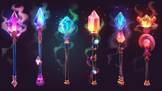 Magische scepter met gloeiende neon decoratieve edelstenen en rook Cartoon moderne illustratie set van spel tovenaar en tovenaar krachtig wapen met kristal tovenaar betovering spul