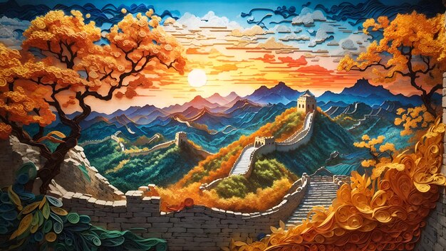 Magische schilderachtige Chinese muur met filigraan papier filigraan kunstontwerpbehang gegenereerd door AI